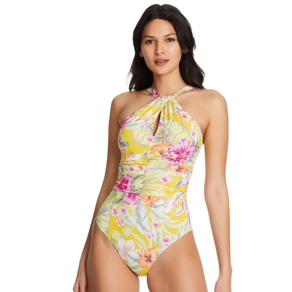 BLEU BY ROD BEATTIE Swimsuit Size 14 Paradiso High Neck Keyhole One-Piece NWT - Picture 1 of 16